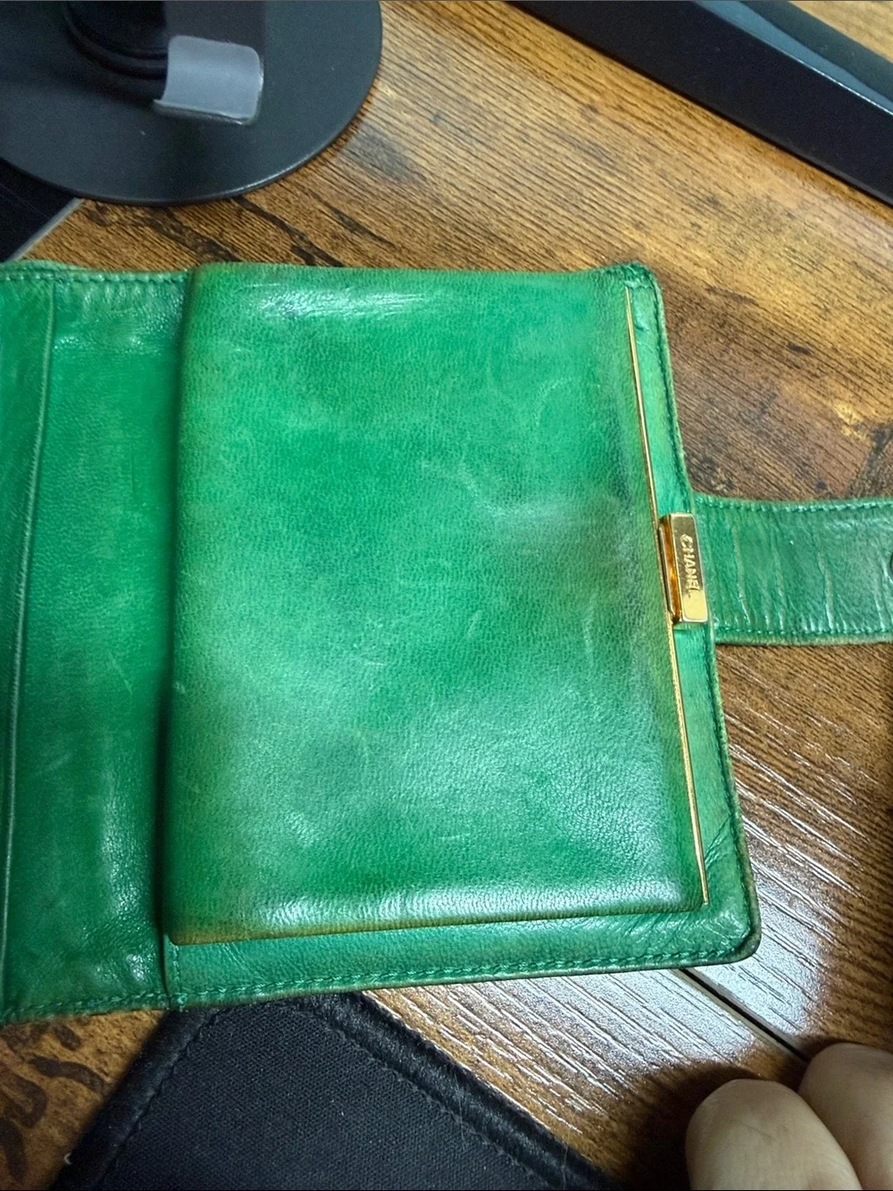 CHANEL Green Quilted CC Leather Wallet